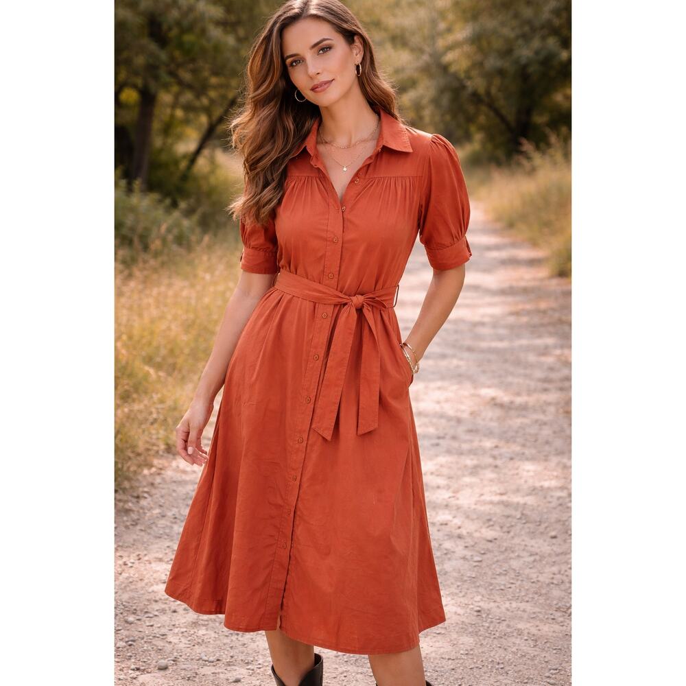 Beulah Taylor Shirt Dress Women Small Orange NWT Puff Sleeve Midi Button Front